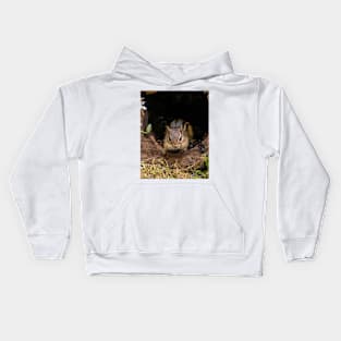 Chipmunk peeks out of his log home Kids Hoodie